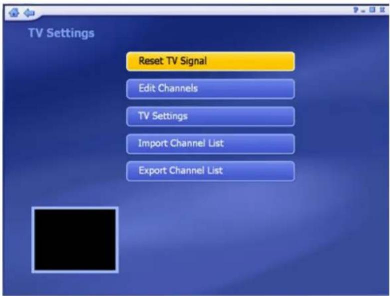 TV Settings Reset TV Signal Edit Channels TV Settings Import Channel List Export Channel List