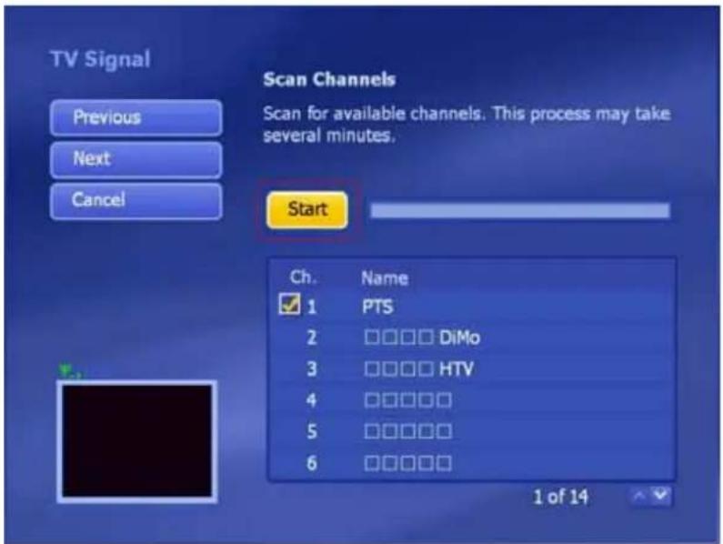 TV Signal Previous Next Cancel Scan Channels Scan for available channels. This process may take several minutes. Start Ch. Name 1 PTS 2 DiMo 3 HTV 4 5 6 1 of 14