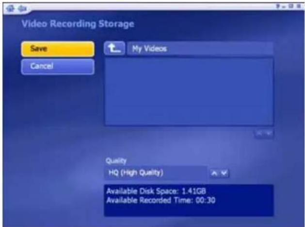 Video Recording Storage Save Cancel My Videos Quality HQ (High Quality) Available Disk Space: 1.41GB Available Recorded Time: 00:30