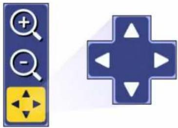 Two UI icons: a vertical bar with magnifying glass and minus sign, and a blue cross with directional arrows (no text or symbols)