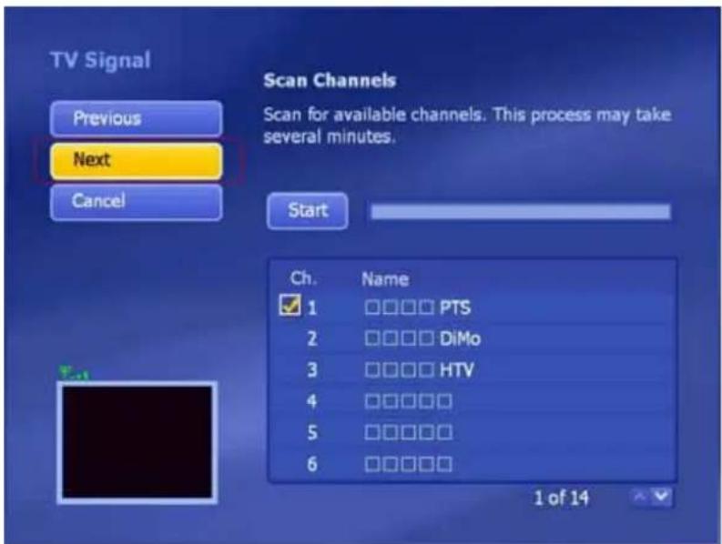 TV Signal Previous Next Cancel Scan Channels Scan for available channels. This process may take several minutes. Start Ch. Name 1 PTS 2 DiMo 3 HTV 4 5 6 1 of 14
