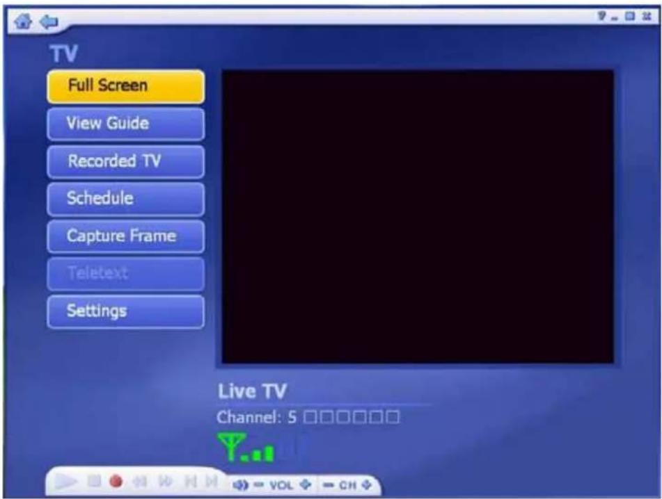 TV Full Screen View Guide Recorded TV Schedule Capture Frame Teletext Settings Live TV Channel: 5 □□□□□□ VOL → CH