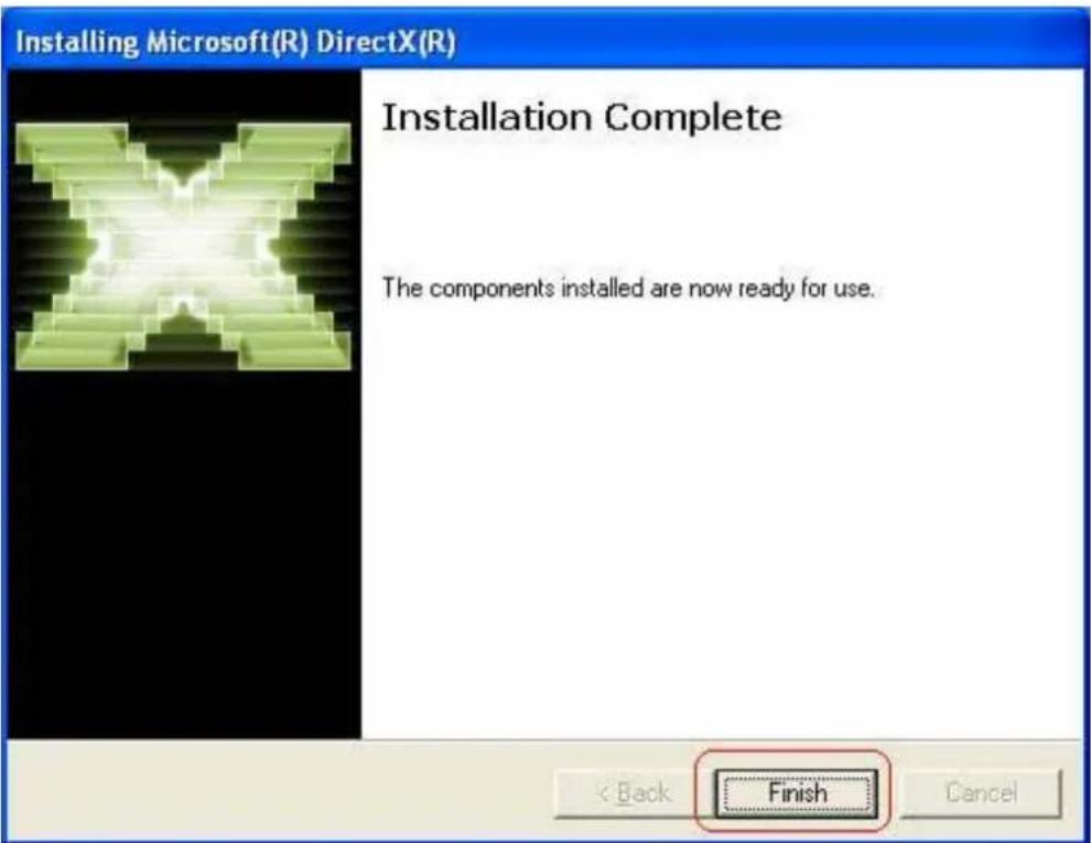 Installing Microsoft(R) DirectX(R) Installation Complete The components installed are now ready for use. < Back Finish Cancel