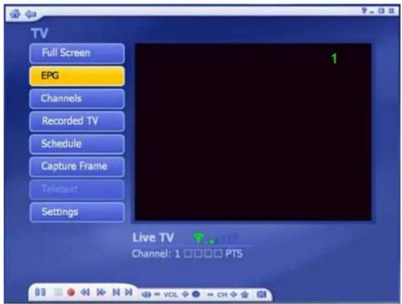 TV Full Screen EPG Channels Recorded TV Schedule Capture Frame Teletest Settings Live TV Channel: 1 □□□□ PTS