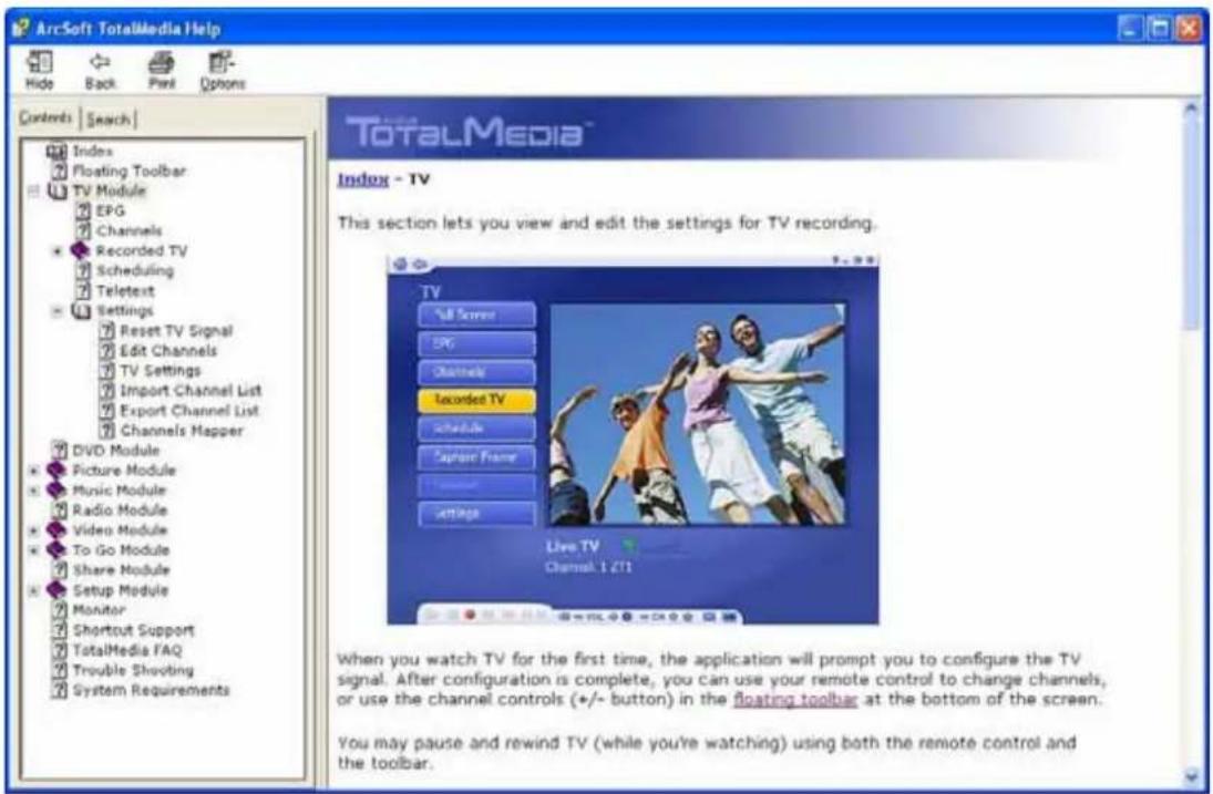 ArcSoft TotalMedia Help Hide Back Past Options Controls Search Index Floating Toolbar TV Module EPG Channels Recorded TV Scheduling Teletext Settings Reset TV Signal Edit Channels TV Settings Import Channel List Export Channel List Channels Happer DVD Module Picture Module Music Module Radio Module…