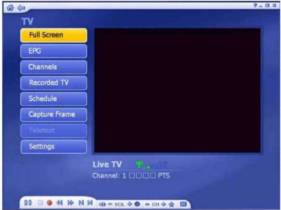 TV Full Screen EPG Channels Recorded TV Schedule Capture Frame Teletext Settings Live TV Channel: 1 □□□□ PTS