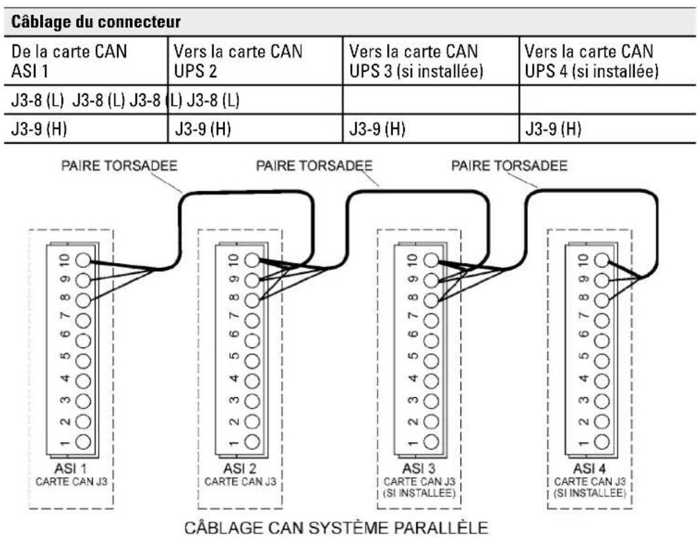 Câblage du connecteur De la carte CAN ASI 1 Vers la carte CAN UPS 2 Vers la carte CAN UPS 3 (si installée) Vers la carte CAN UPS 4 (si installée) J3-8 (L) J3-8 (L) J3-8 (L) J3-8 (L) J3-9 (H) J3-9 (H) J3-9 (H) PAIRE TORSADEE PAIRE TORSADEE PAIRE TORSADEE ASI 1 CARTE CAN J3 ASI 2 CARTE CAN J3 ASI 3 CARTE CAN J3 (SI INSTALLEE) ASI 4 CARTE CAN J3 (SI INSTALLEE) CÂBLAGE CAN SYSTÈME PARALLÈLE