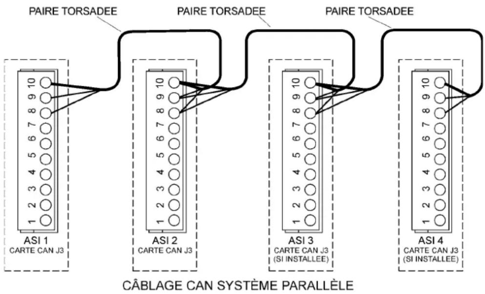 PAIRE TORSADEE PAIRE TORSADEE PAIRE TORSADEE ASI 1 CARTE CAN J3 ASI 2 CARTE CAN J3 ASI 3 CARTE CAN J3 (SI INSTALLEE) ASI 4 CARTE CAN J3 (SI INSTALLEE) CÂBLAGE CAN SYSTÈME PARALLÈLE