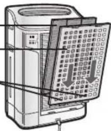 SHARP KC-C70E - Setzen Sie die beiden unteren Laschen der Rückwand (links und rechts) in die kleinen Öffnungen des Geräts ein und schieben Sie den auswaschbaren Desodorierungsfilter zwischen den HEPA-Filter und die Rückwand. - 1