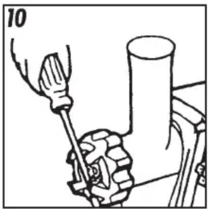 Mechanical diagram showing a hand using a screwdriver to adjust a gear mechanism with a cylindrical component (no text or symbols)