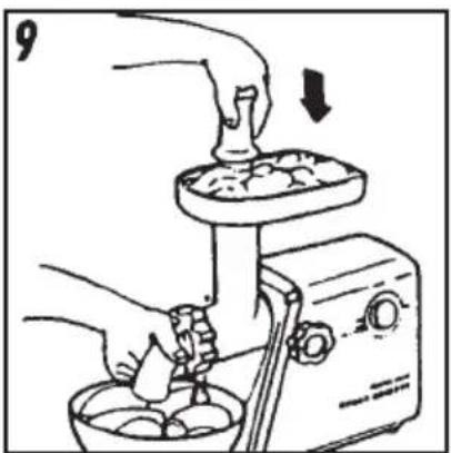 Illustration of a hand using a kitchen grater to press food from a bowl (no text or symbols)