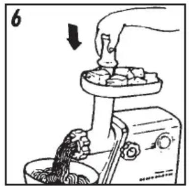 Illustration of a hand using a manual tool to press food into a bowl (no text or symbols visible)
