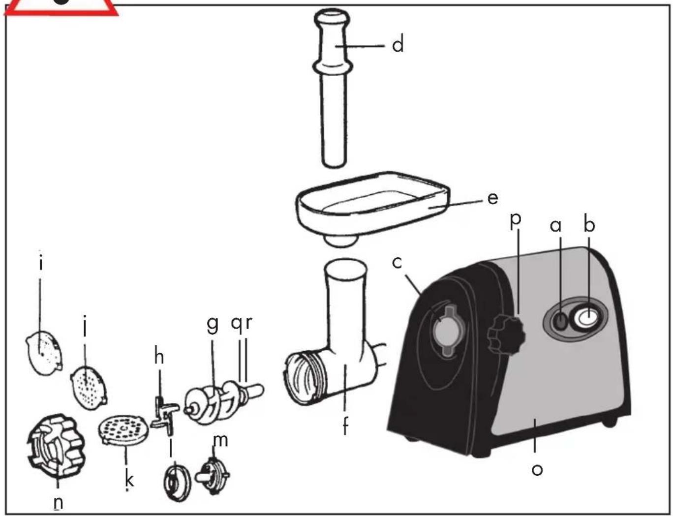 Labeled diagram of a kitchen appliance showing parts from a tool to a motor, with numbered labels for each component.