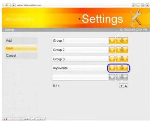Aven MediaCenter Settings Add Save Cancel Group 1 Group 2 Group 3 myfavorite 0 / 4 12/19/2004:02:04 PM