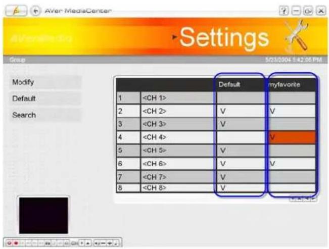 Aver MediaCenter Settings Group 5/23/2004 1:42:06 PM Modify Default Search Default myfavorite 1 2 3 4 5 6 7 8 V V V V V V