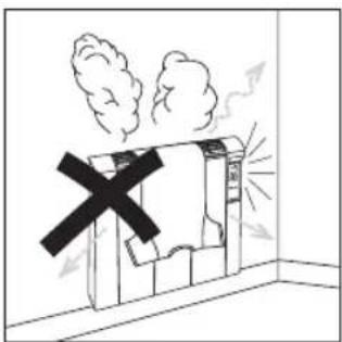 Diagram showing a fire safety warning with a cross symbol and smoke, indicating no clear hazard or failure.