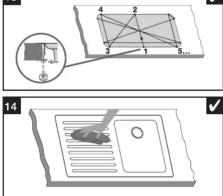 Technical diagram showing a 3D grid with numbered points and a magnified inset of a small object labeled (①) in section 14.