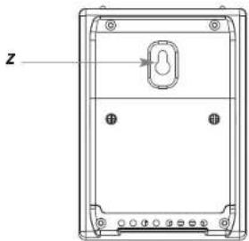 Technical line drawing of a device rear panel with mounting holes and a central button (no text or symbols)