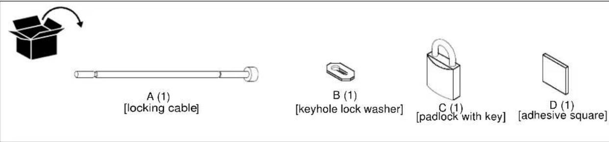 A (1) [locking cable] B (1) [keyhole lock washer] C (1) [padlock with key] D (1) [adhesive square]