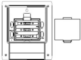 Technical diagram of a device box with labeled ports and internal components, including a separate view of the front panel.