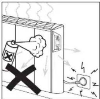 Safety warning illustration showing a fire extinguisher emitting smoke from a wall-mounted electrical outlet, with a cross symbol indicating explosion.