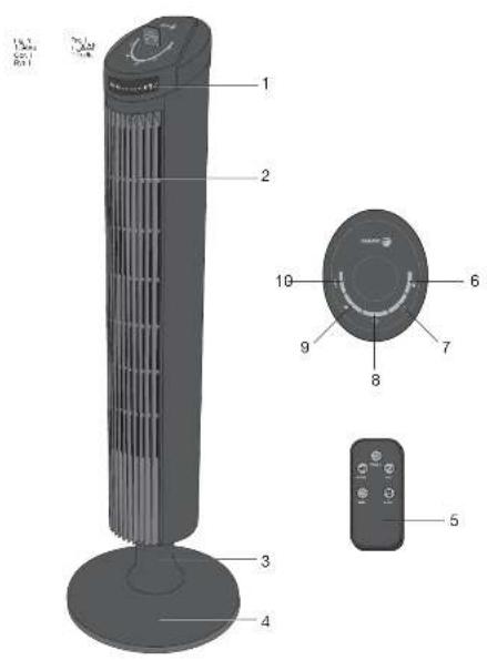 Technical diagram of a standard 19-inch tower with labeled components and internal parts