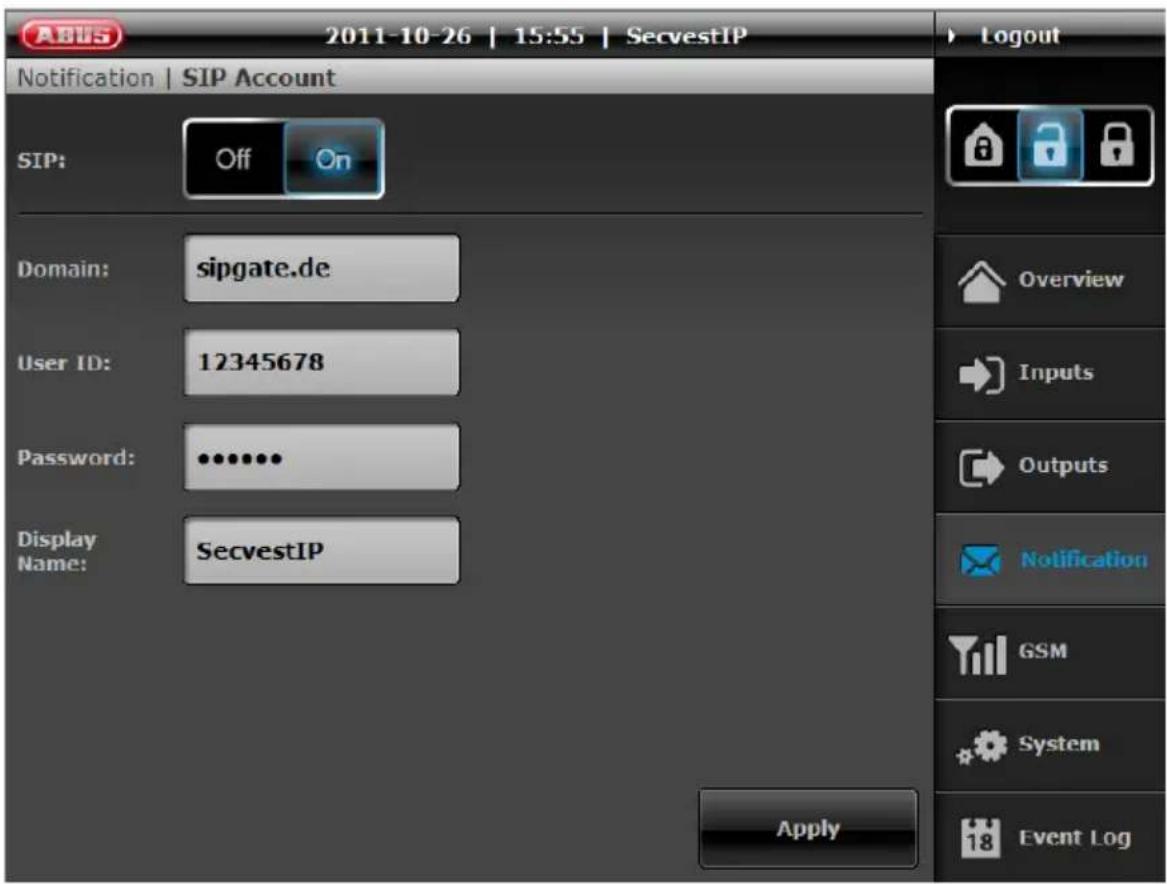 ABUS 2011-10-26 | 15:55 | SecvestIP Notification | SIP Account SIP: Off On Domain: sipgate.de User ID: 12345678 Password: ••••••• Display Name: SecvestIP Apply Logout Overview Inputs Outputs Notification GSM System Event Log