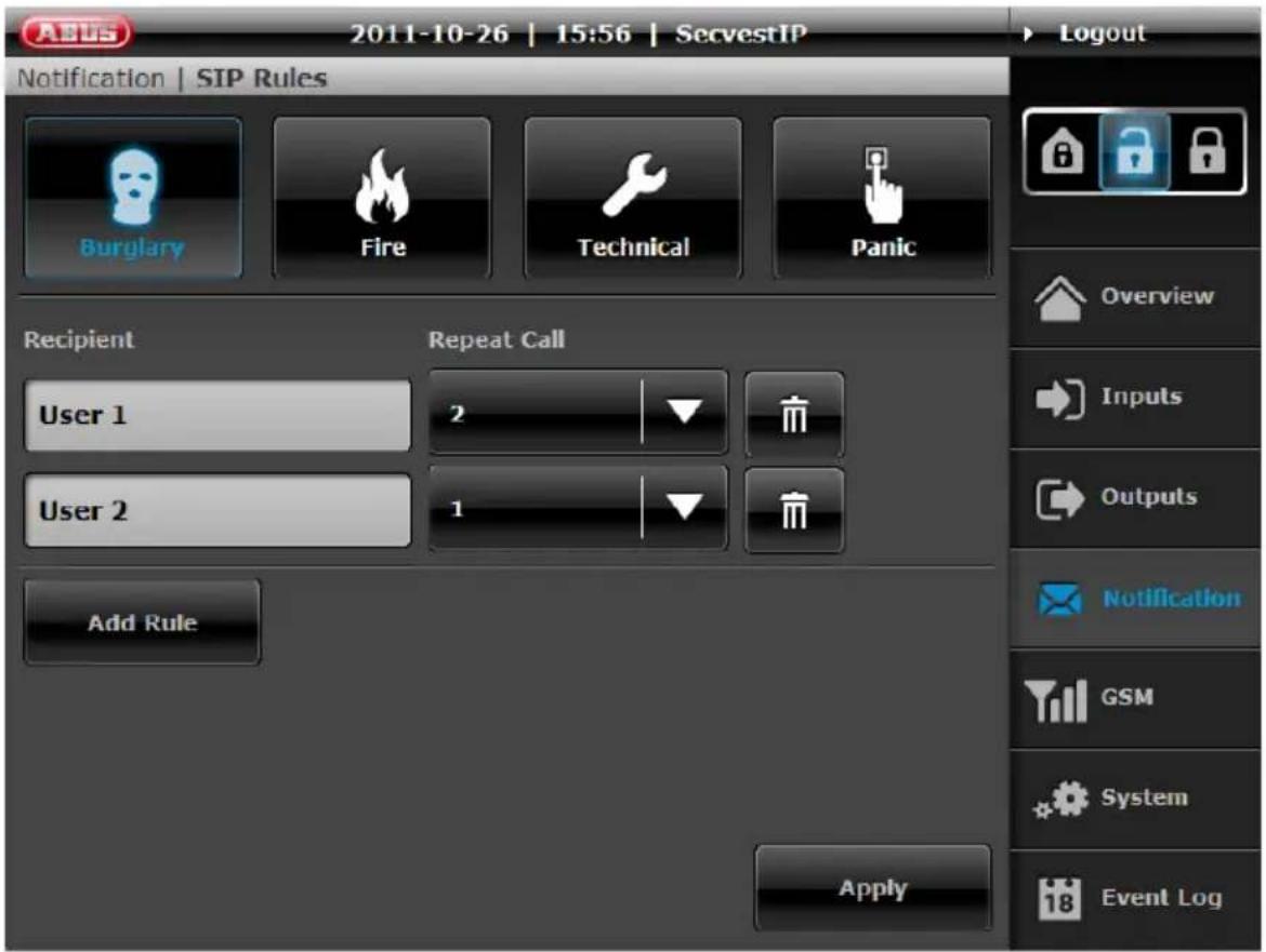 2011-10-26 | 15:56 | SecvestIP Notification | SIP Rules Burglary Fire Technical Panic Recipient Repeat Call User 1 2 User 2 1 Add Rule Apply Logout Overview Inputs Outputs Notification GSM System Event Log
