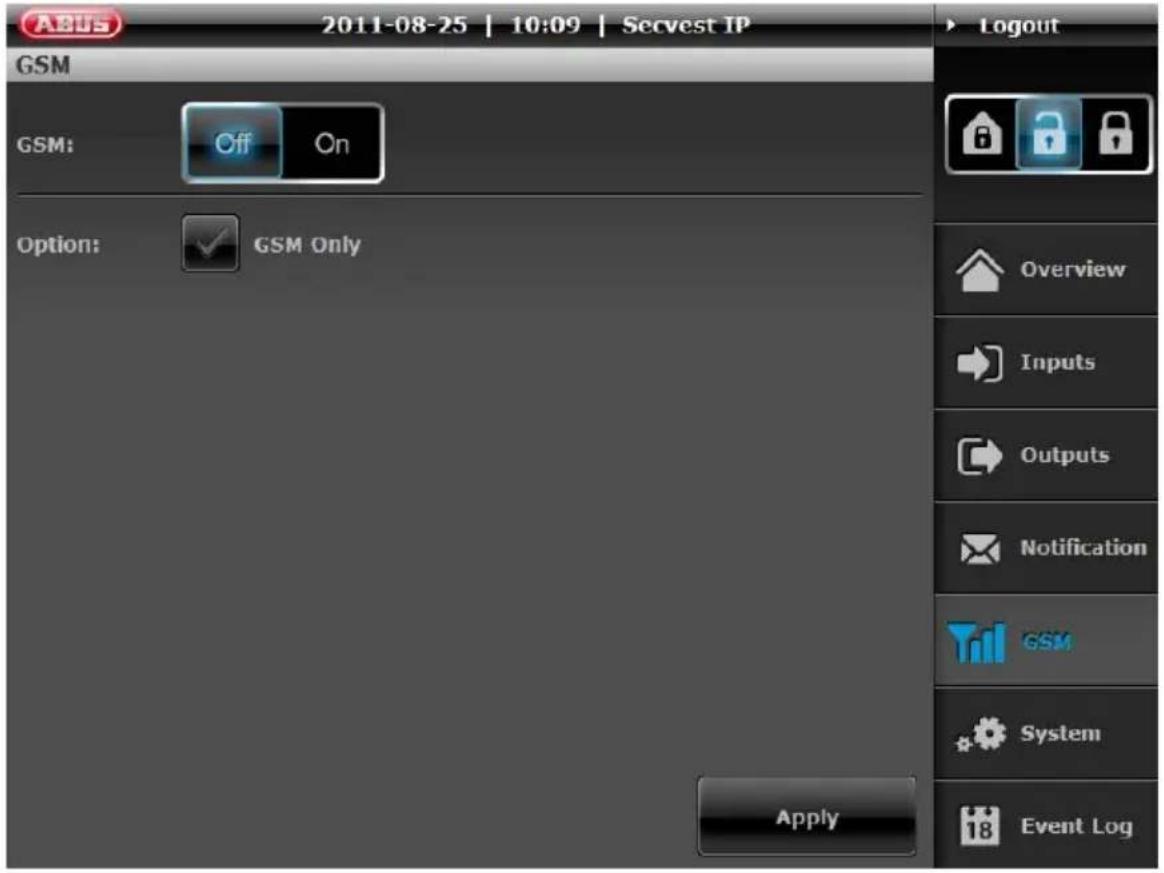 ABUS 2011-08-25 | 10:09 | Secvest IP GSM GSM: Off On Option: GSM Only Apply Logout Overview Inputs Outputs Notification GSM System Event Log