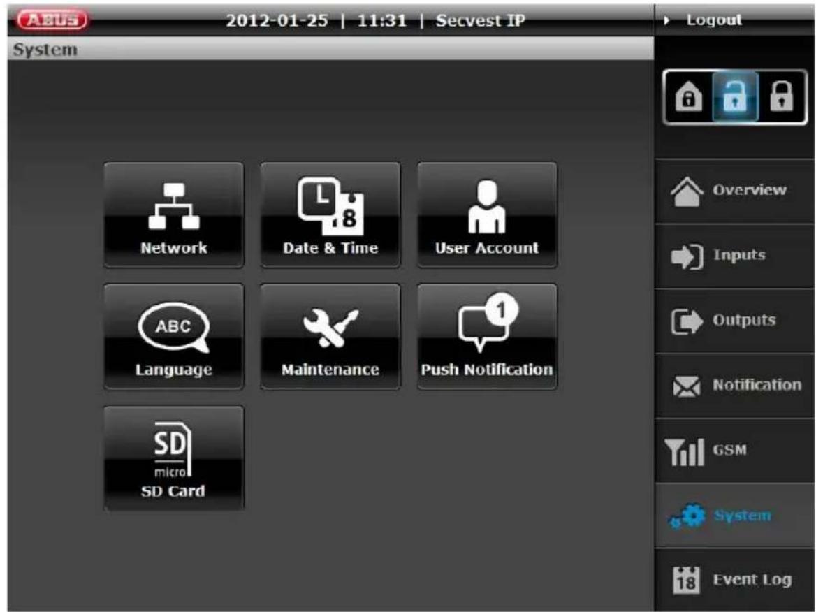 2012-01-25 | 11:31 | Secvest IP System Network Date & Time User Account ABC Language Maintenance Push Notification SD micro SD Card Logout Overview Inputs Outputs Notification GSM System Event Log
