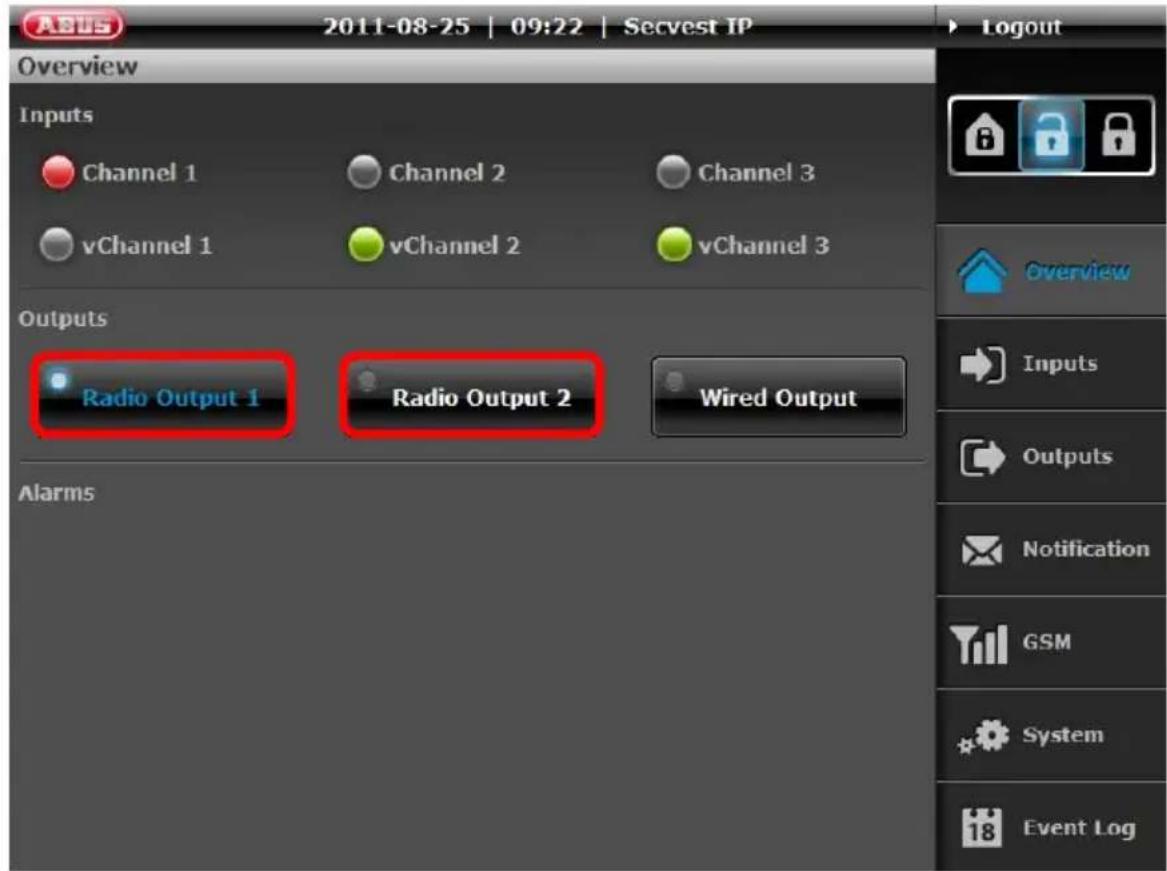 ASUS 2011-08-25 | 09:22 | Secvest IP Overview Inputs Channel 1 Channel 2 Channel 3 vChannel 1 vChannel 2 vChannel 3 Outputs Radio Output 1 Radio Output 2 Wired Output Alarms Logout Overview Inputs Outputs Notification GSM System Event Log