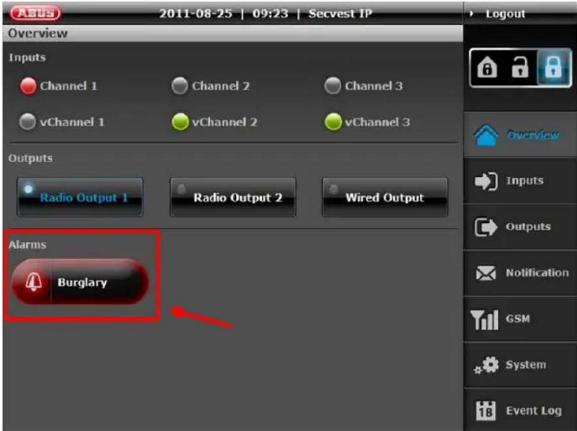 ASUS 2011-08-25 | 09:23 | Secvest IP Overview Inputs Channel 1 Channel 2 Channel 3 vChannel 1 vChannel 2 vChannel 3 Outputs Radio Output 1 Radio Output 2 Wired Output Alarms Burglary Logout Overview Inputs Outputs Notification GSM System Event Log