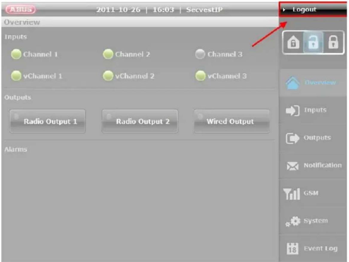 Aldus 2011-10-26 | 16:03 | SecvestIP Overview Inputs Channel 1 Channel 2 Channel 3 vChannel 1 vChannel 2 vChannel 3 Outputs Radio Output 1 Radio Output 2 Wired Output Alarms Logout Overview Inputs Outputs Notification GSM System Event Log