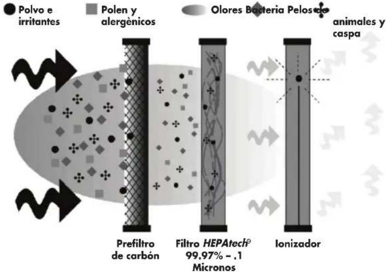 Polvo e irritantes Polen y alergénicos Olores Bacteria Pelosso animales y caspa Prefiltro de carbón Filtro HEPAtech® 99.97% - .1 Micronos Ionizador