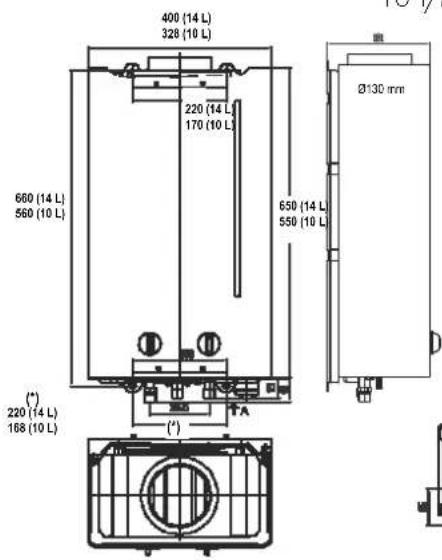 400 (14 L) 328 (10 L) 220 (14 L) 170 (10 L) 660 (14 L) 560 (10 L) 650 (14 L) 550 (10 L) Ø130 mm (*) 220 (14 L) 168 (10 L) (*) TA