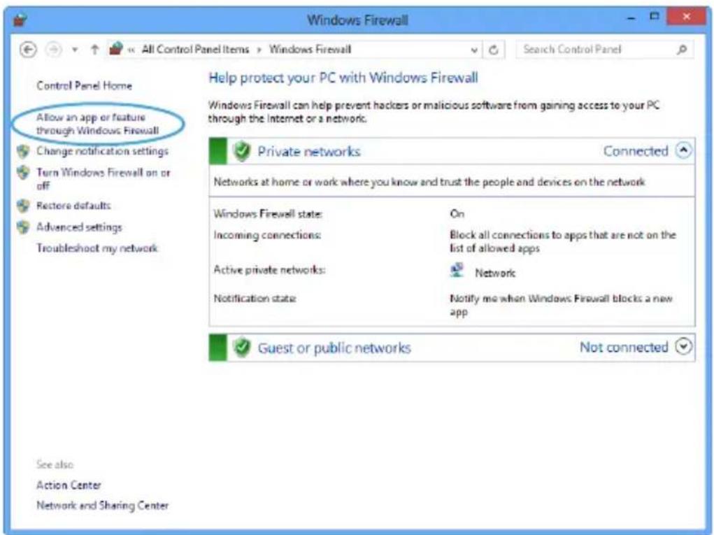 Windows Firewall All Control Panel Items > Windows Firewall Search Control Panel Control Panel Home Allow an app or feature through Windows Firewall Change notification settings Turn Windows Firewall on or off Restore defaults Advanced settings Troubleshoot my network Help protect your PC with Windows Firewall Windows Firewall can help prevent hackers or malicious software from gaining access to your PC through the Internet or a network. Private networks Connected Networks at home or work where you know and trust the people and devices on the network Windows Firewall state: On Incoming connections: Block all connections to apps that are not on the list of allowed apps Active private networks: Network Notification state: Notify me when Windows Firewall blocks a new app Guest or public networks Not connected See also Action Center Network and Sharing Center