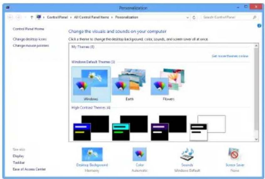 Personalization Control Panel Home Change desktop icons Change mouse pointers Change the visuals and sounds on your computer Click a theme to change the desktop background, color, sounds, and screen saver all at once My Themes (3) Windows Default Themes (3) Windows Earth Flowers High Context Theories (4) Desktop Background Harmony Color Automatic Search Windows Default Source Save None