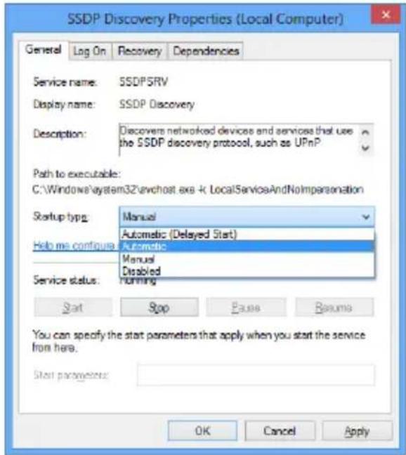 SSDP Discovery Properties (Local Computer) General Log On Recovery Dependencies Service name: SSDPSRV Display name: SSDP Discovery Description: Discover networked devices and services that use the SSDP discovery protocol, such as UPnP Path to executable: C:\Windows\system32\svchost.exe +k.LocalServicesAndNoImpersonation Startup type: Manual Help me configua: Automatic Service status: Naming Start Sop Pause Busums You can specify the start parameters that apply when you start the service from here. Start parameters: OK Cancel Apply