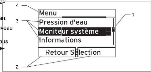 4 Menu Pression d'eau Moniteur système Informations 1 3 2 Retour Sèlection