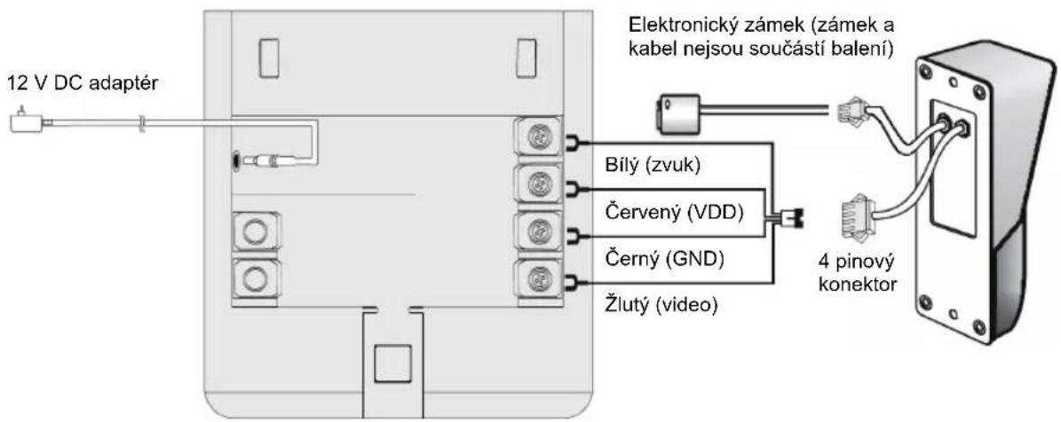 12 V DC adaptér Elektronický zámek (zámek a kabel nejsou součástí balení) Bíly (zvuk) Červený (VDD) Černý (GND) Žlutý (video) 4 pinový konektor