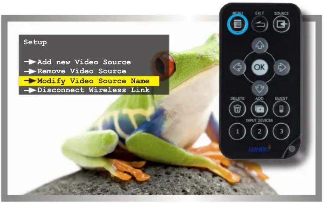 Setup →Add new Video Source →Remove Video Source →Modify Video Source Name →Disconnect Wireless Link