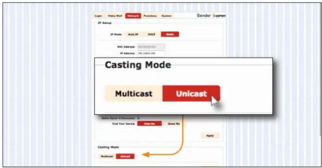 Login Video Mail Network Parameters System Sender Screen IP Setup IP Mode: Auto IP DHCP Status: MAC Address: SELECTED.COM IP Address: 196.1042.200 Casting Mode Multicast Unicast Begin by Year 5 Discovery: Id Find Your Device: Hide Me Show Me Apply Casting Mode Multicast Unicast