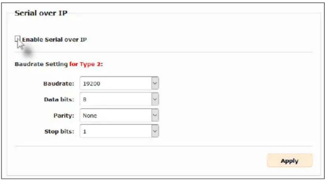 Serial over IP Enable Serial over IP Baudrate Setting for Type 2: Baudrate: 19200 Data bits: 8 Parity: None Stop bits: 1 Apply