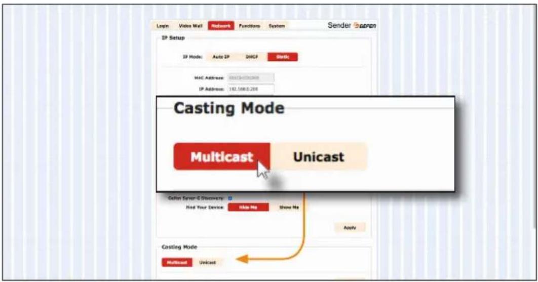 Login Video Wall Network Functions System Sender Jason IP Setup IP Mode: Auto IP DHCP Serials MAC Address: 001354082698 IP Address: 182.1668.206 Casting Mode Multicast Unicast Define Server-C Discovery: Find Your Device Make Me Show Me Apply Casting Mode Multicast Unicast