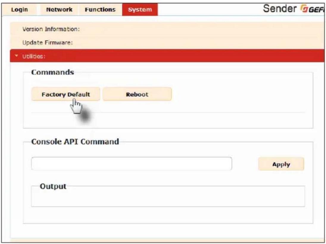 Login Network Functions System Sender GGEFA Version Information: Update Firmware: Utilities: Commands Factory Default Reboot Console API Command Apply Output