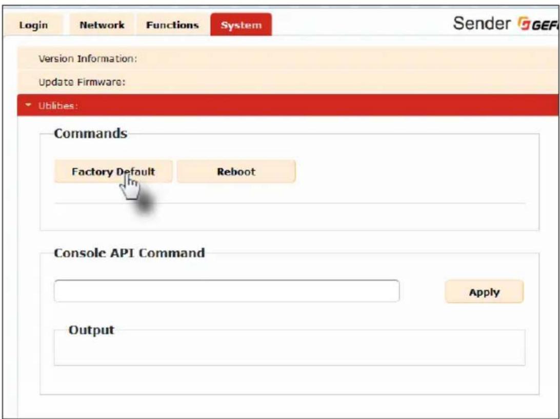 Login Network Functions System Sender GGEF Version Information: Update Firmware: Ublities: Commands Factory Default Reboot Console API Command Apply Output