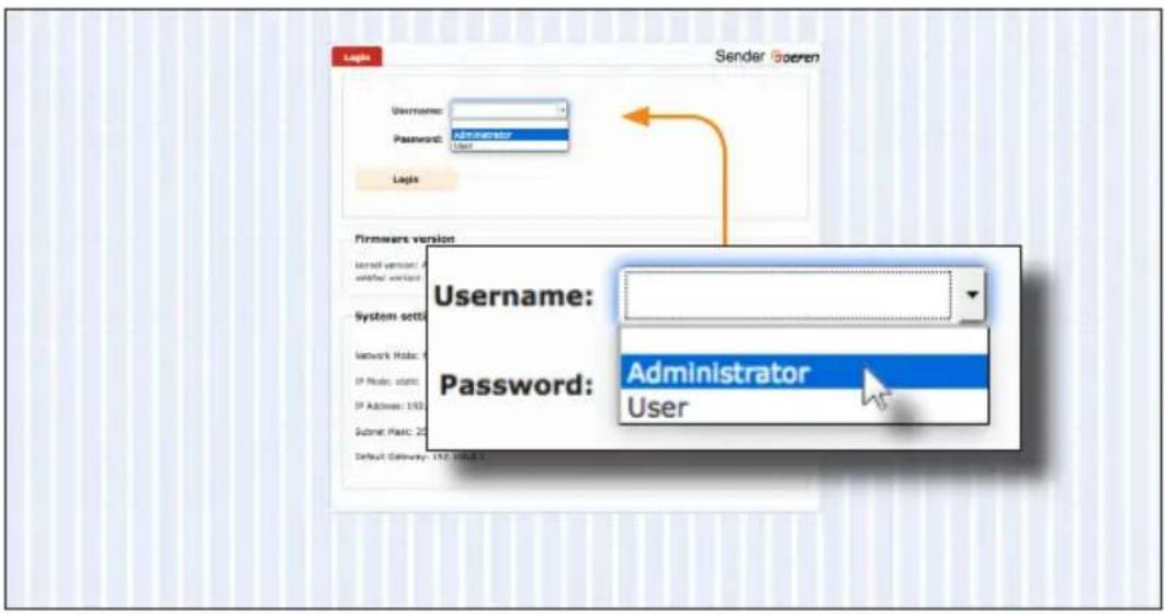Sender Goeren Username: Password: Administrator User Login Firmware version Internal version: A system version: System setto: Network Mode: 6 IP Mode: static IP Address: 152 Subnet Plastic: 20 Password: Administrator User Default Gateway: 152.3548.5