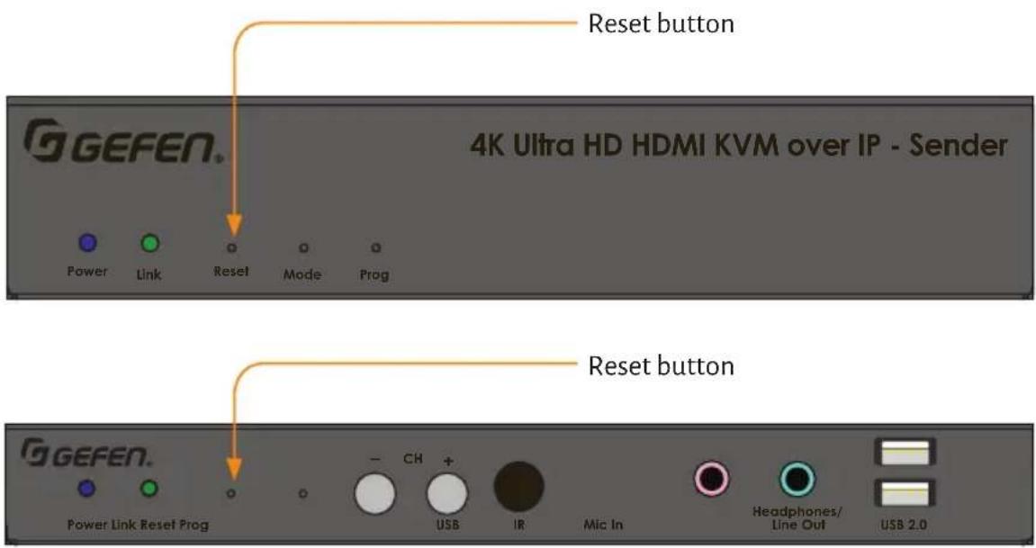 Reset button 4K Ultra HD HDMI KVM over IP - Sender Power Link Reset Mode Prog Reset button G E F E N . Power Link Reset Prog - CH + USB IR Mic In Headphones/ Line Out USB 2.0