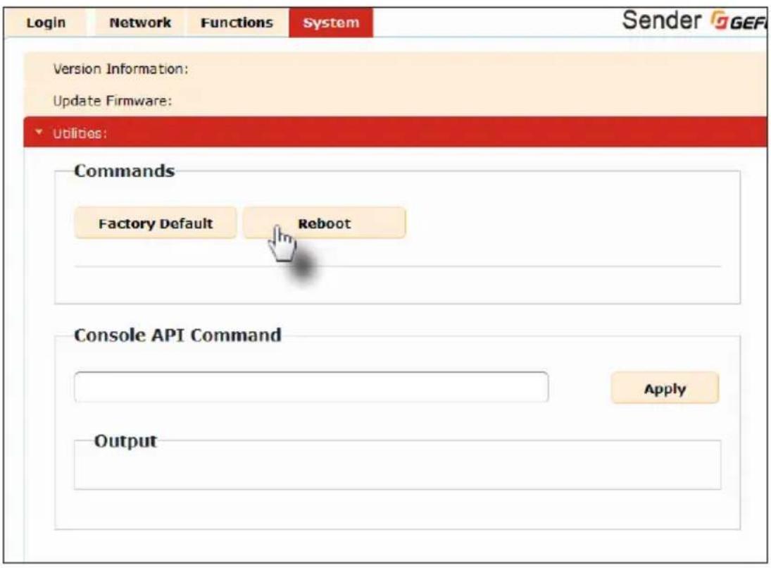 Login Network Functions System Sender GGEFA Version Information: Update Firmware: Utilities: Commands Factory Default Reboot Console API Command Apply Output