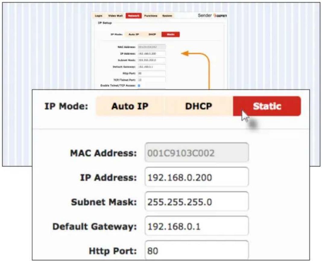 Logic Video Mail Network Functions System Sender IP Setup IP Mode: Auto IP DHCP Static MAC Address: 000CH150C262 IP Address: 182.168.0.200 Submit Mask: 269.355.258.0 Default Gateway: 182.168.0.1 Http Port: 00 TCP/Telnet Port: 12 Enable Telnet/TCP Access: IP Mode: Auto IP DHCP Static MAC Address: 001C9103C002 IP Address: 192.168.0.200 Subnet Mask: 255.255.255.0 Default Gateway: 192.168.0.1 Http Port: 80